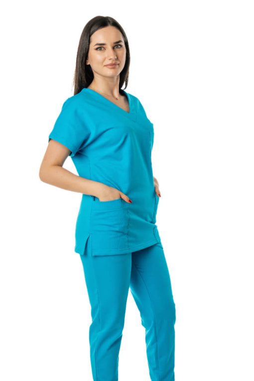 Costum Medical Dama Garmedi Omega Bumbac Turcoaz - imagine 3